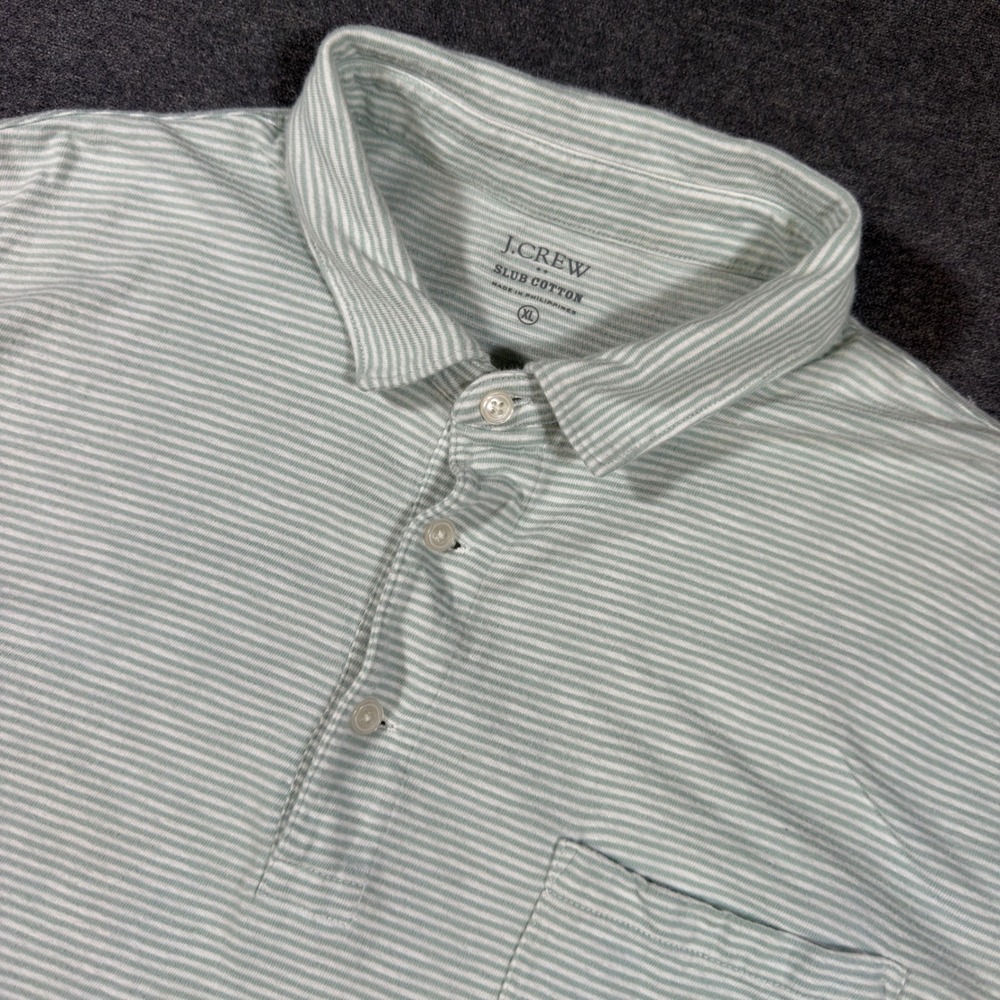 J.Crew Polo Shirt Mens XL Green White Striped Slub Cotton Short Sleeve Pocket